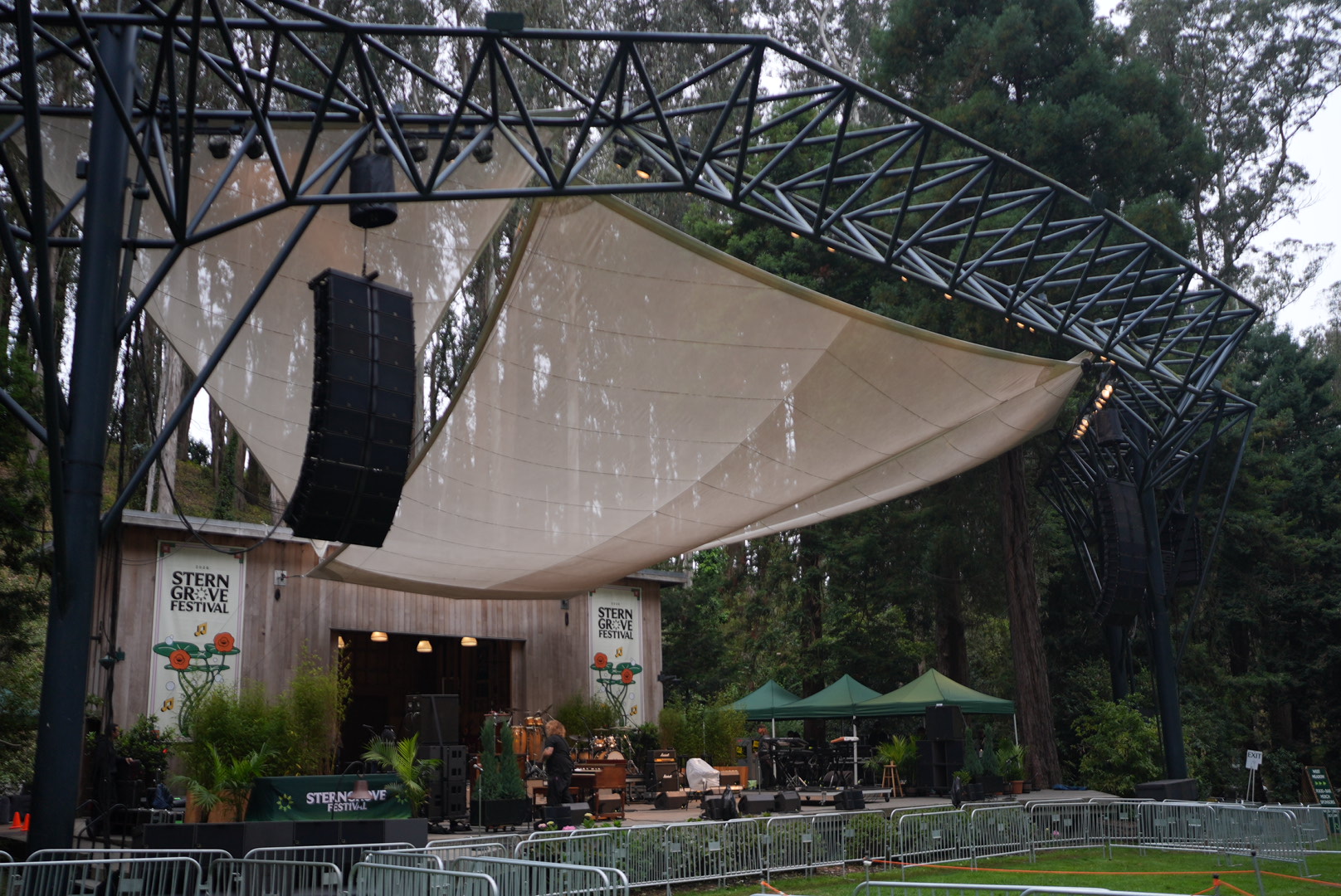 The Stern Grove Festival stage under its canopy, surrounded by eucalyptus trees