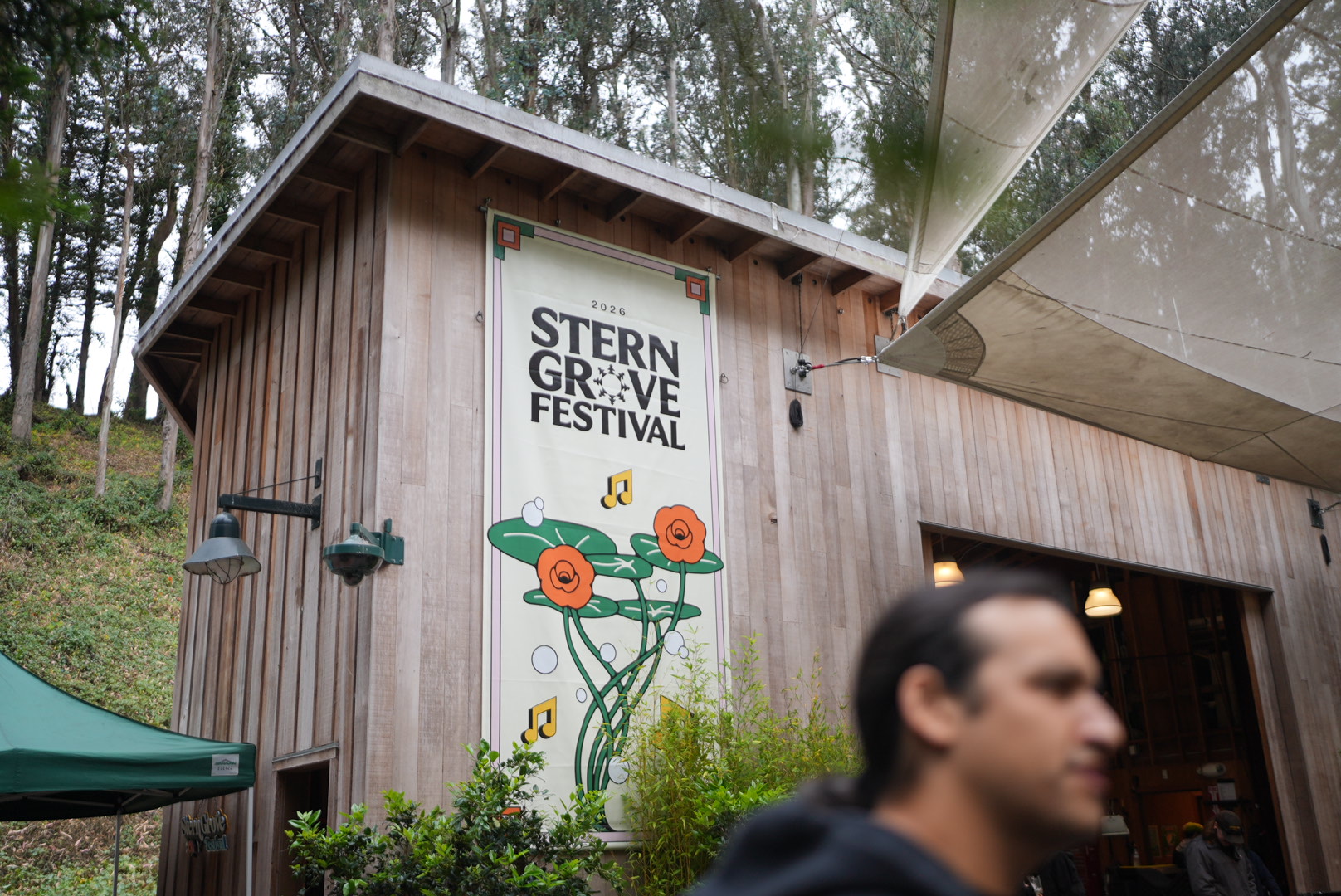 2026 Stern Grove Festival banner on the side of the wooden stage house